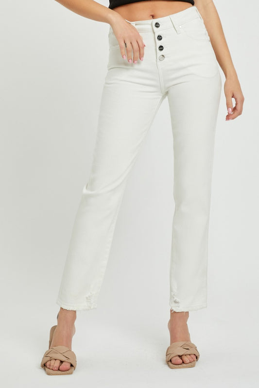 RISEN Full Size Mid-Rise Tummy Control Straight Jeans - White