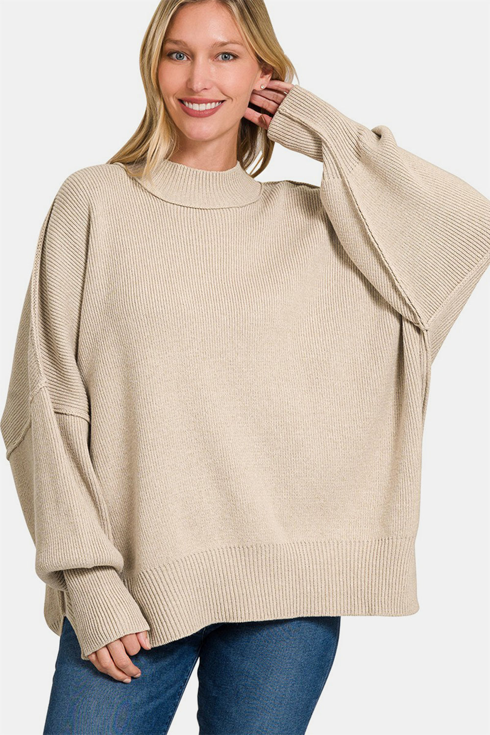 Zenana Side Sit Oversize Sweater - Beige