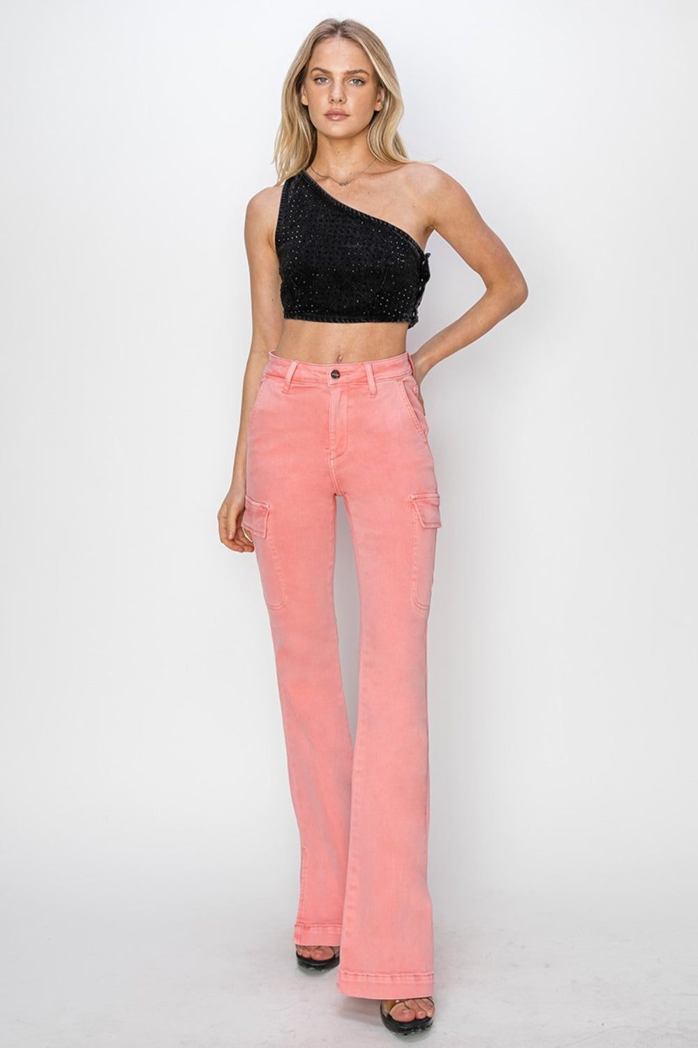 RISEN Full Size High Rise Side Slit Cargo Bootcut Jeans - Flamingo