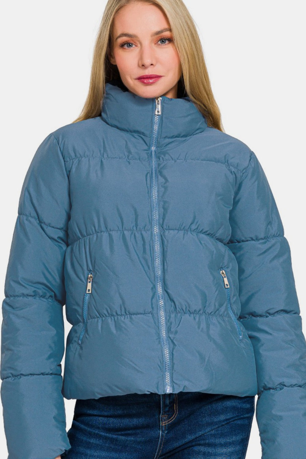 Zenana Zip Up Turtleneck Puffer Jacket with Pockets - Dusty Blue