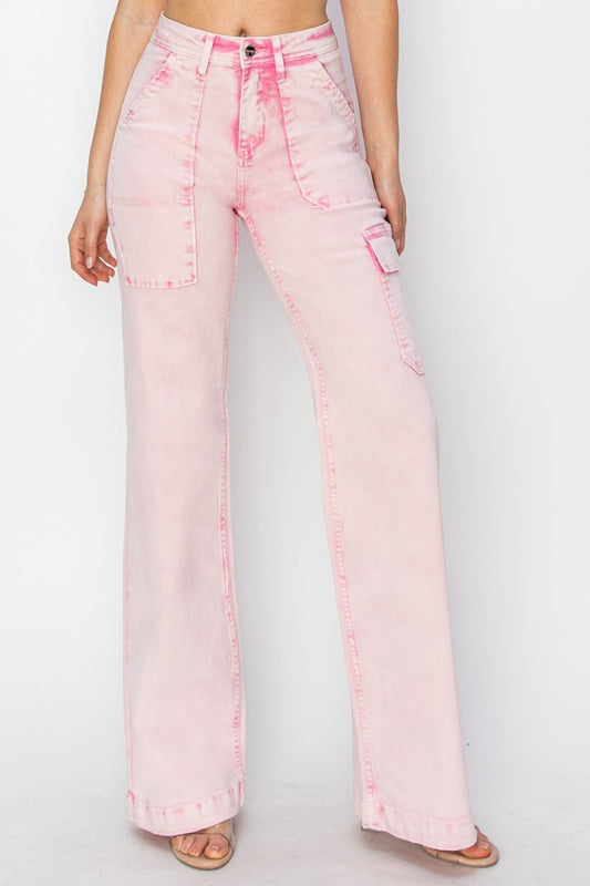 RISEN Full Size High Rise Wide Leg Cargo Pocket Jeans - Acid Pink