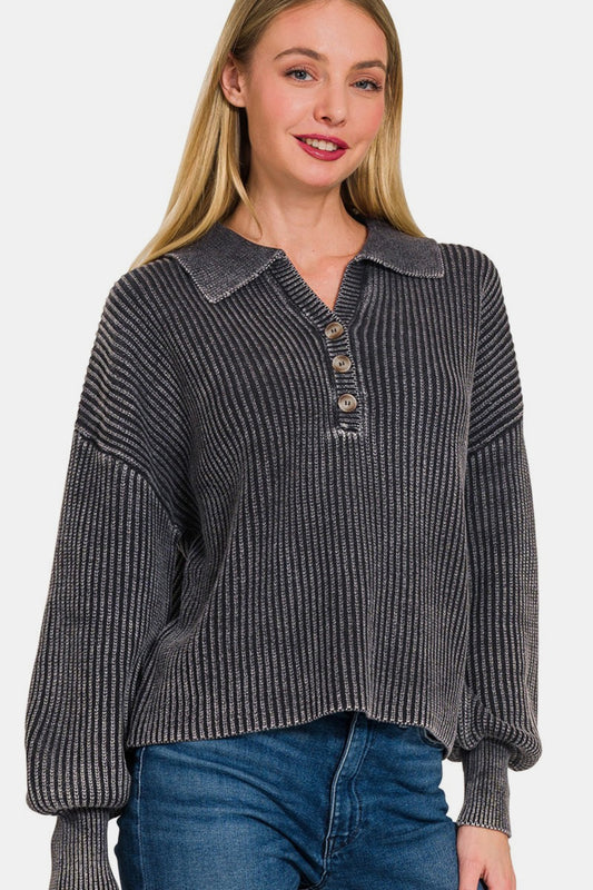 Zenana Washed Half Button Long Sleeve Sweater - Black