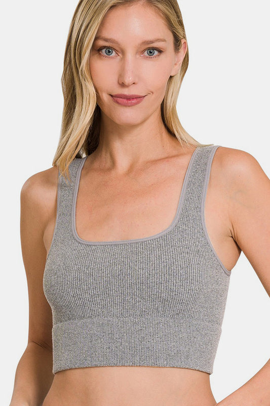 Zenana Ribbed Square Neck Cropped Tank - H. Grey