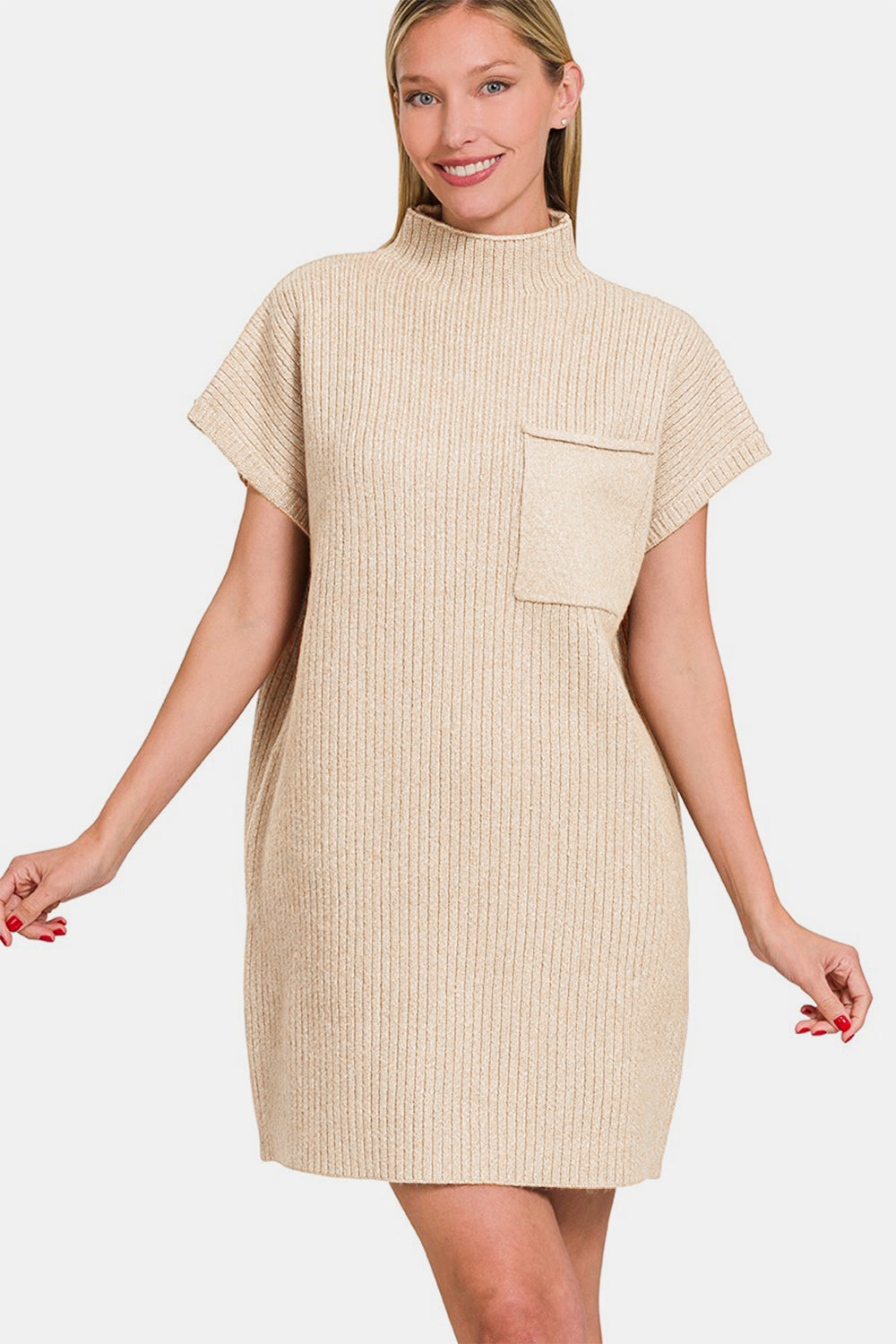 Zenana Short Sleeve Sweater Mini Dress - Sand Beige