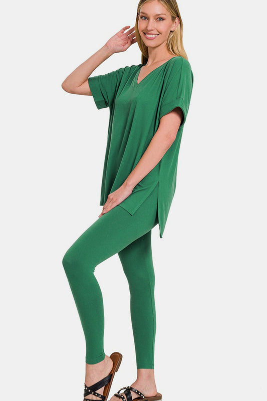 Zenana Full Size V-Neck Rolled Short Sleeve T-Shirt and Leggings Lounge Set - Forest