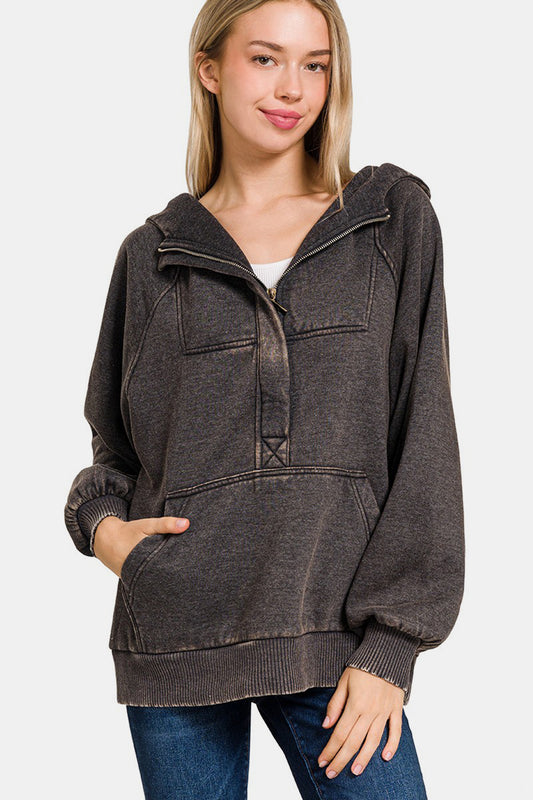 Zenana Acid Wash Fleece Kangaroo Hoodie - Ash Black