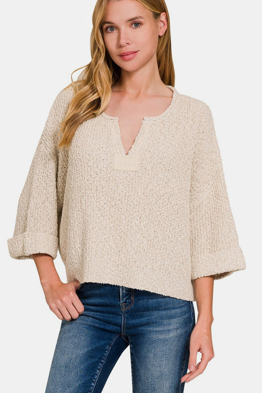 Zenana Notched Side Slit Patch Sweater - Sand Beige