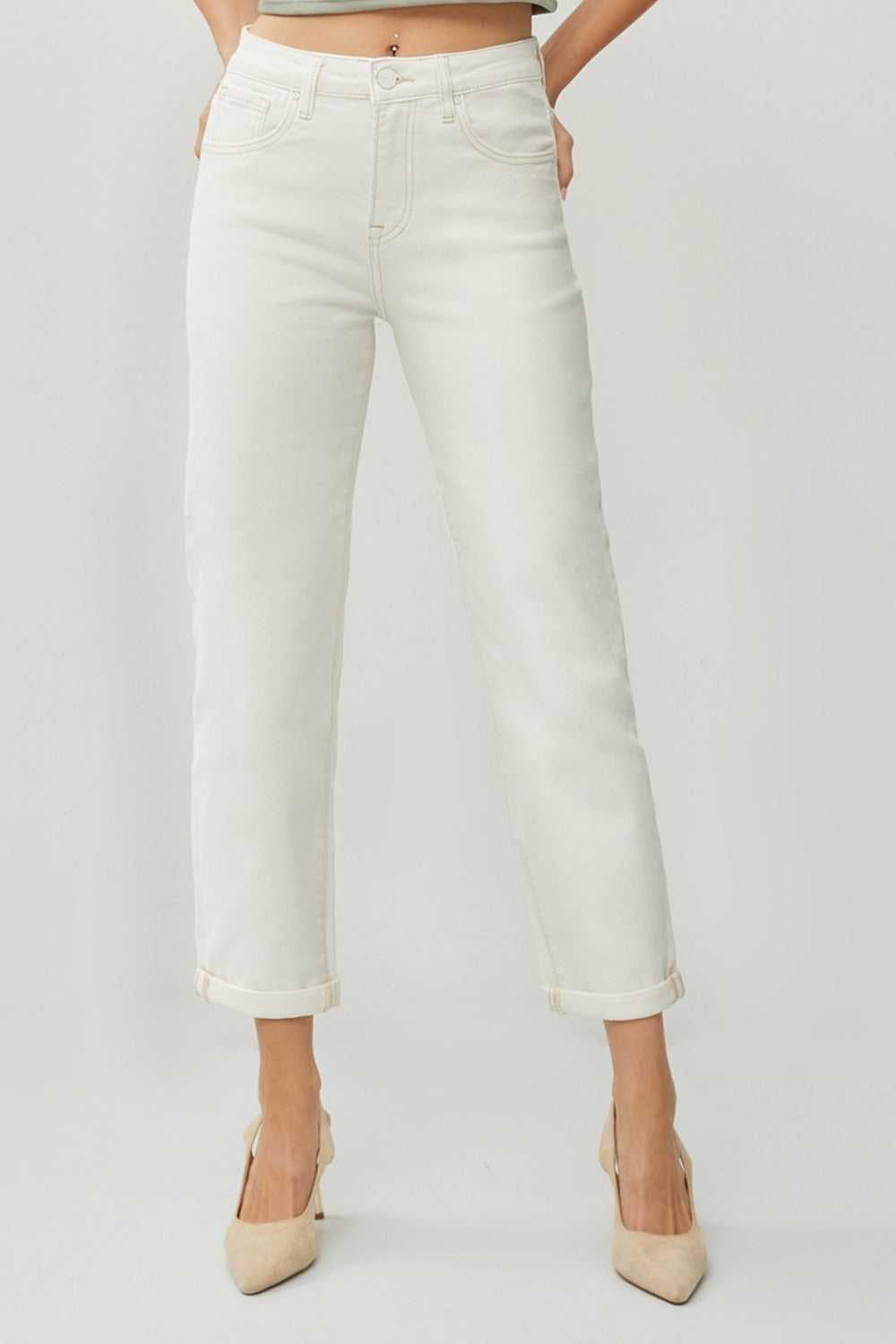 RISEN Full Size High Waist Rolled Hem Straight Jeans - Cream