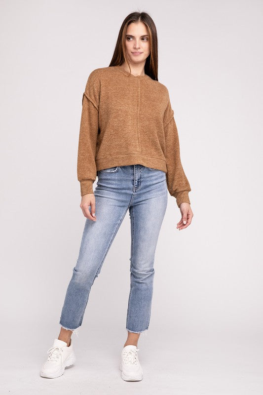 Brushed Melange Hacci Hi-Low Hem Sweater - Zenana