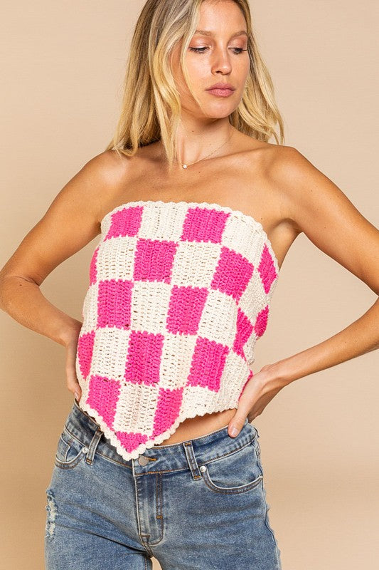 Checkerboard Pattern Tube Top Sweater - POL