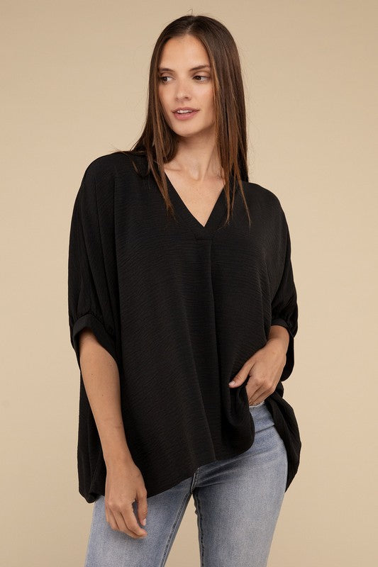 Woven Airflow V-Neck Puff Half Sleeve Top - Zenana