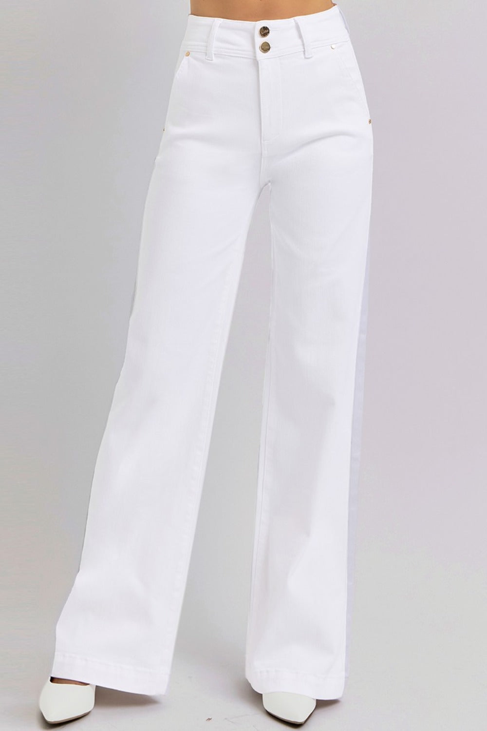 RISEN Full Size Tummy Control Double Button Wide Leg Jeans - White