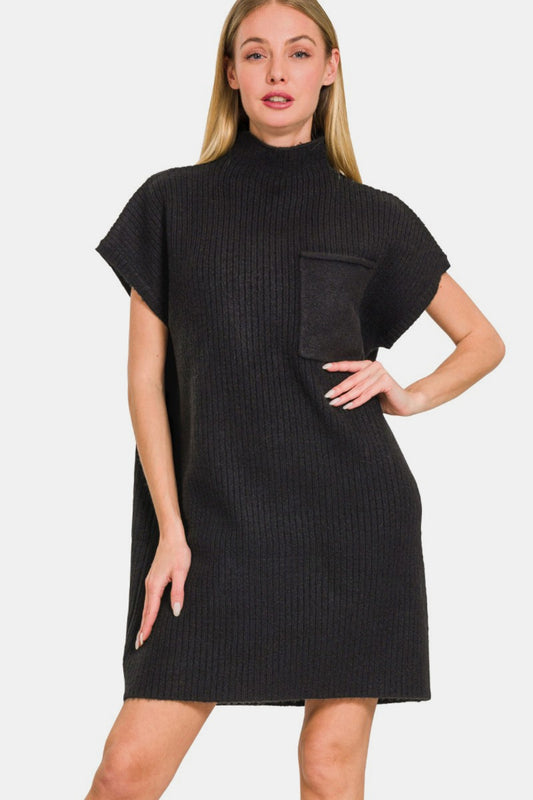 Zenana Short Sleeve Sweater Mini Dress - Black