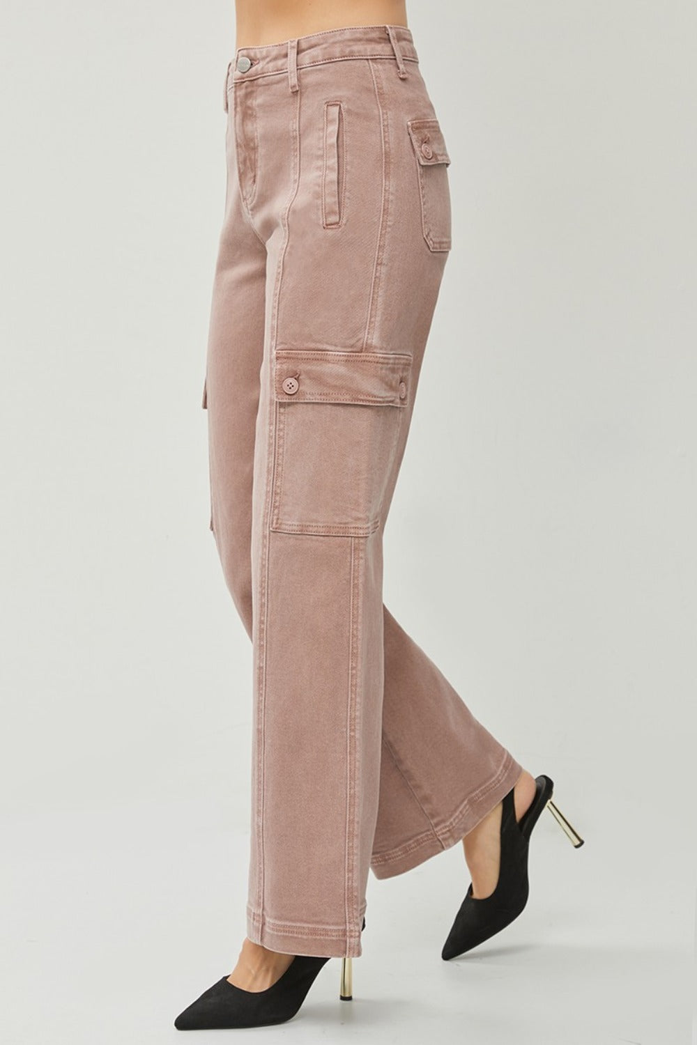 RISEN Full Size High Rise Wide Leg Cargo Jeans - Mauve