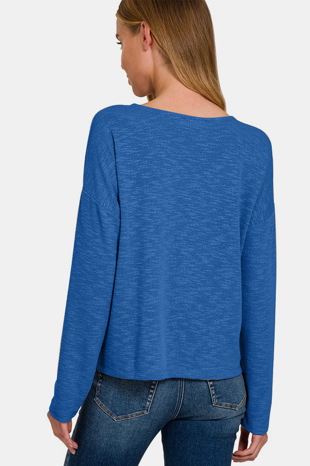 Zenana Dropped Shoulder Long Sleeve T-Shirt - Classic Blue