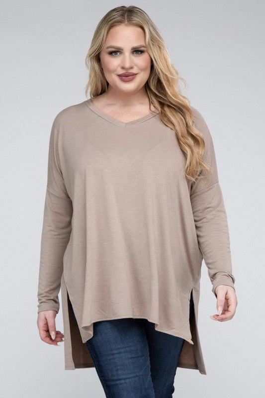 Plus Dolman Sleeve V-Neck Side Slit Hi-Low Hem Top - Zenana