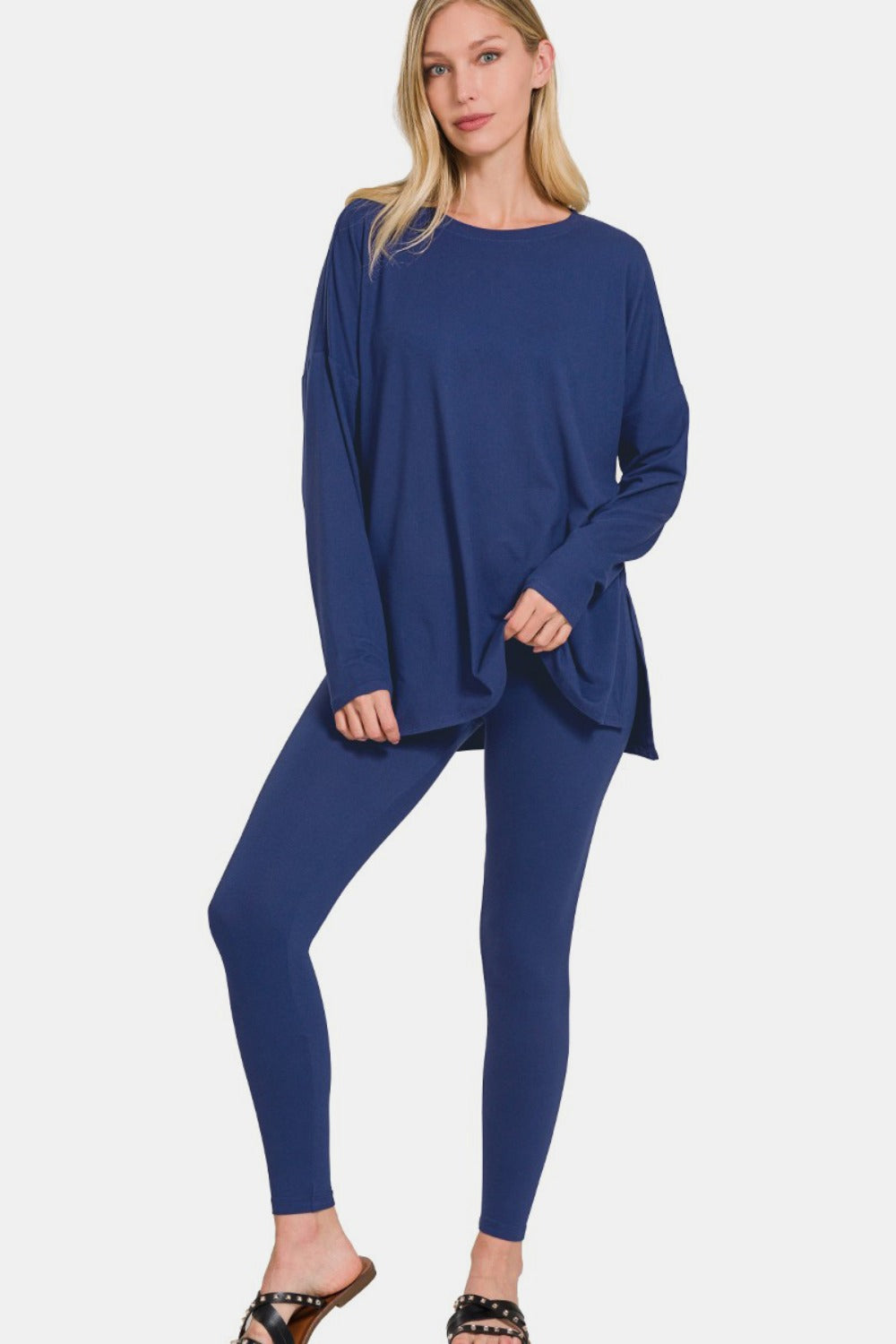 Zenana Full Size Brushed Microfiber Top and Leggings Lounge Set - Light Navy