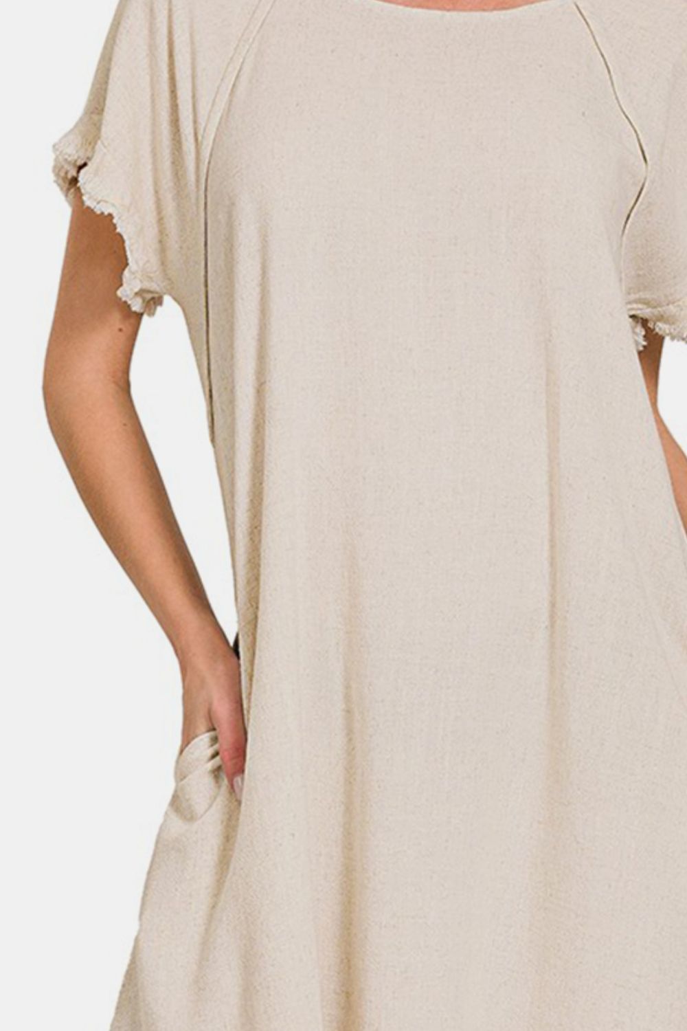 Zenana Fringe Edge High Low Flowy Dress with Pockets - Beige