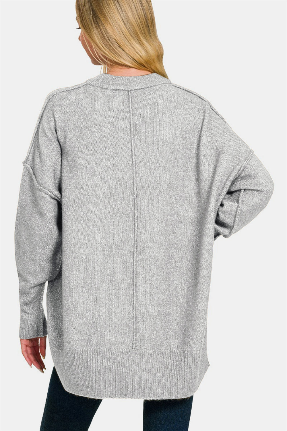 Zenana High-Low Hem Drop Shoulder Sweater - Grey