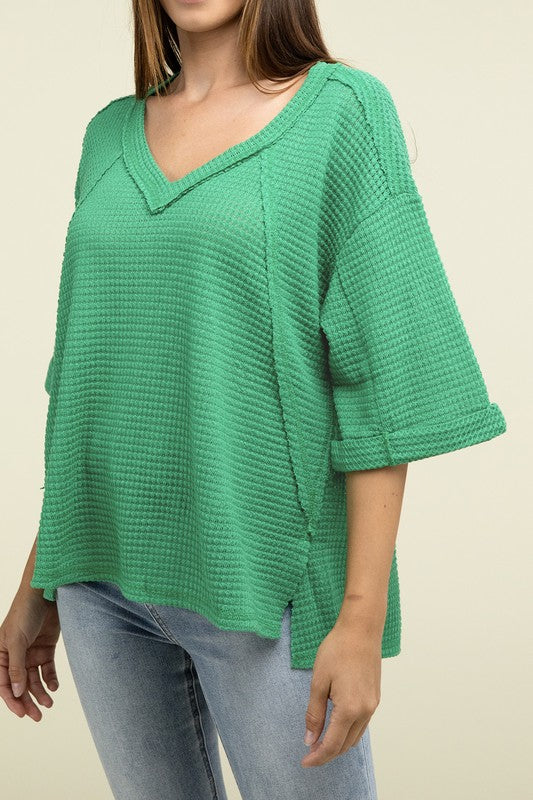 Brushed Waffle Exposed-Seam 3/4 Sleeve Top - Zenana