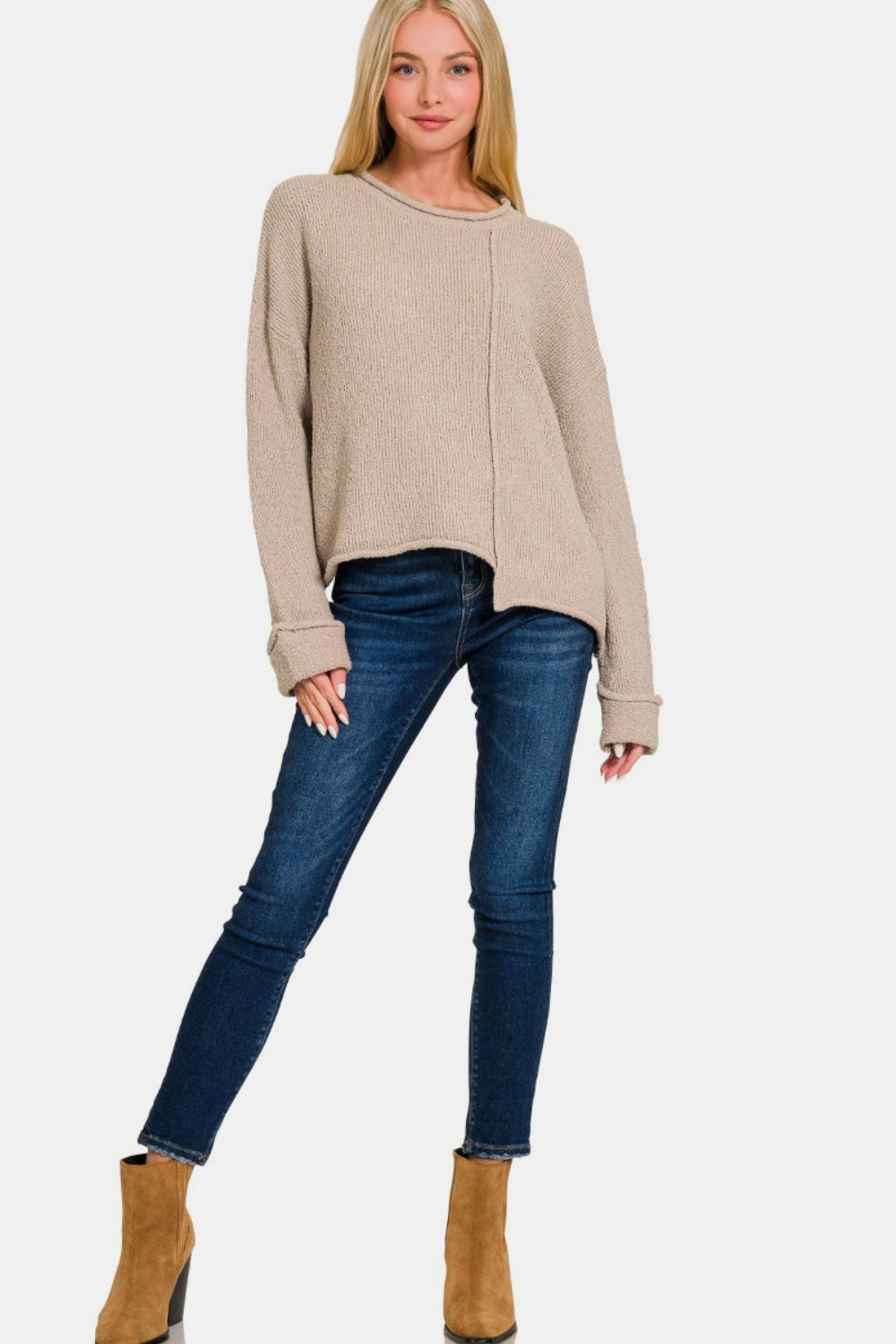 Zenana Asymmetric Hem Drop Shoulder Sweater - Ash Mocha