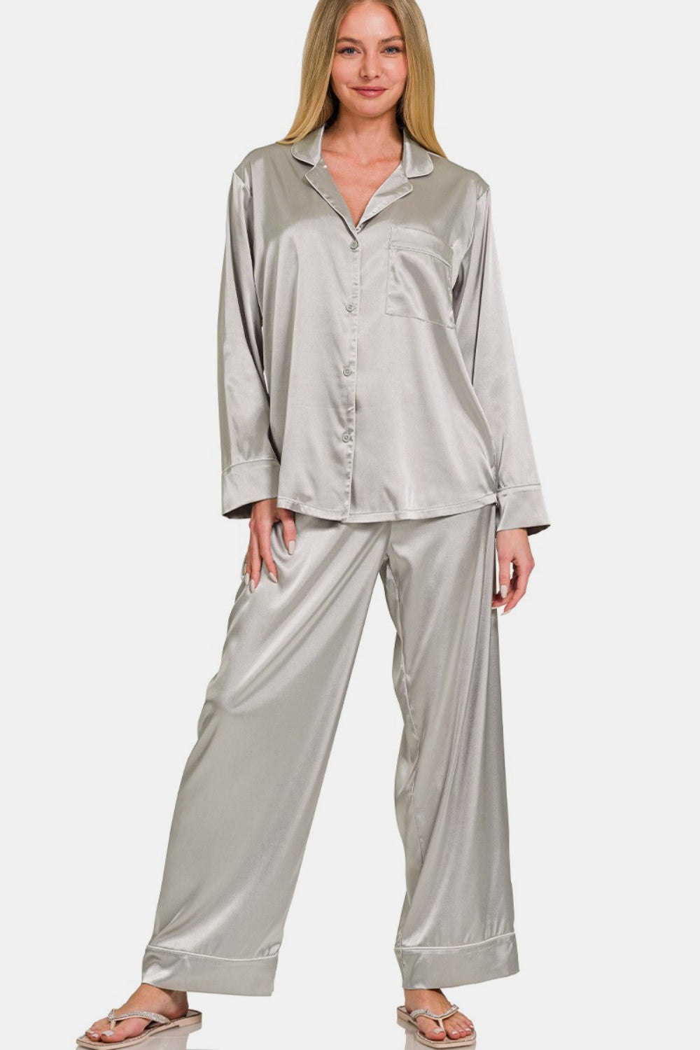 Zenana Satin Long Sleeve Shirt and Pants Pajama Set - Silver