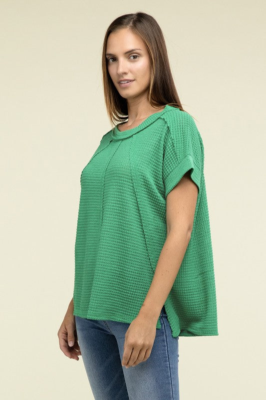 Brushed Waffle Exposed-Seam Short Sleeve Top - Zenana