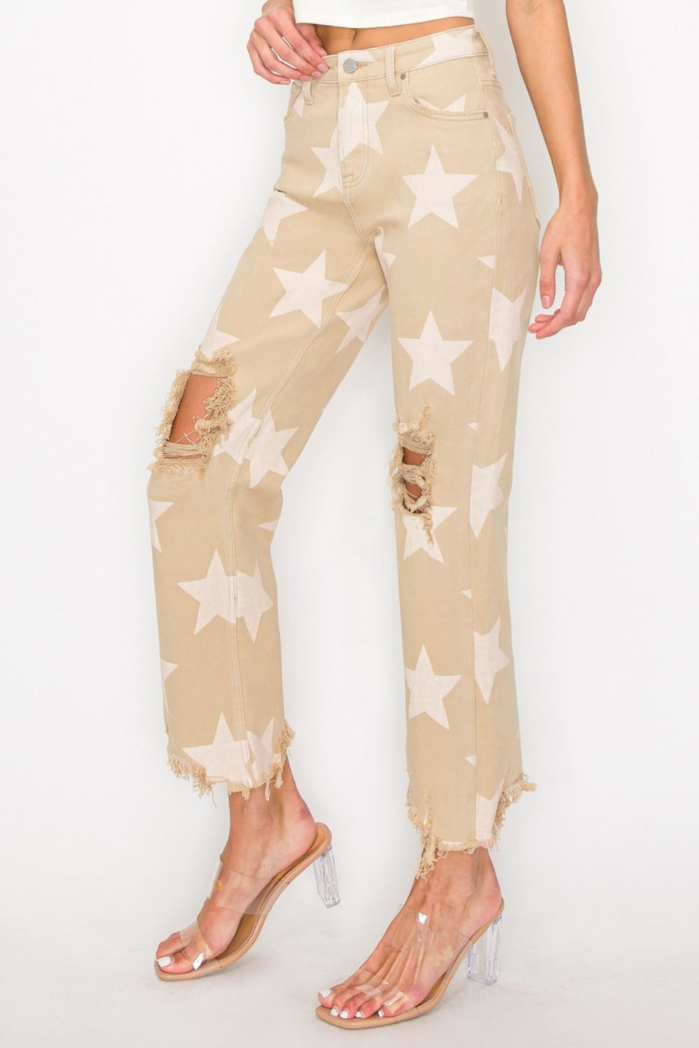 RISEN Full Size High Rise Star Printed Frayed Hem Jeans - Khaki