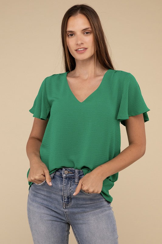 Woven Airflow Flutter Sleeve Top - Zenana