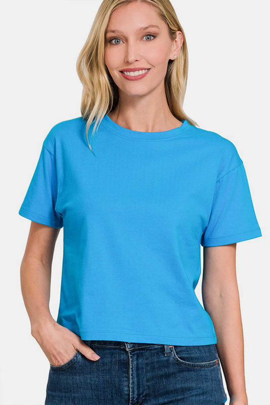 Zenana Round Neck Short Sleeve Cropped T-Shirt - Deep Sky