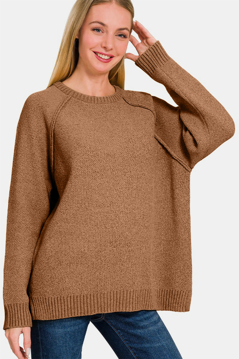 Zenana Side Slit Raglan Sleeve Sweater - Deep Camel