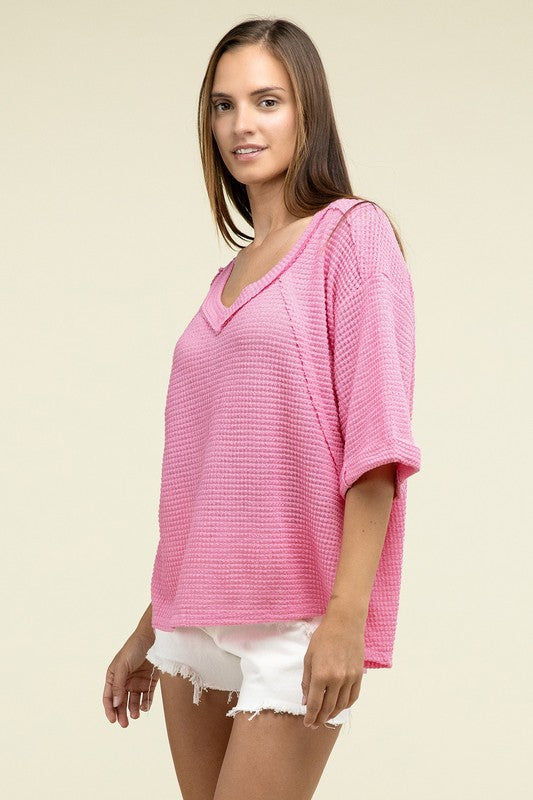 Brushed Waffle Exposed-Seam 3/4 Sleeve Top - Zenana