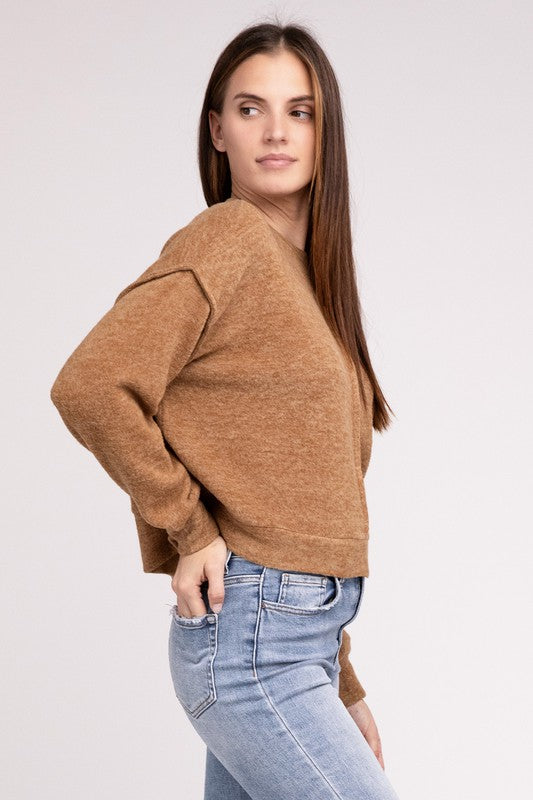 Brushed Melange Hacci Hi-Low Hem Sweater - Zenana