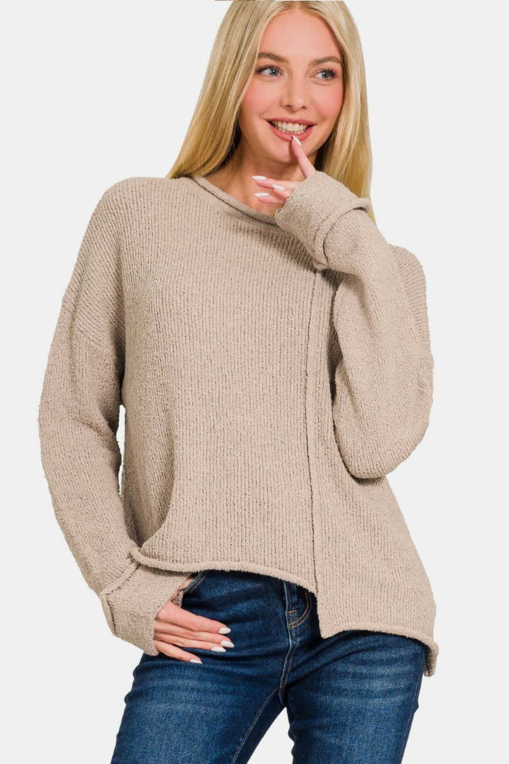 Zenana Asymmetric Hem Drop Shoulder Sweater - Ash Mocha