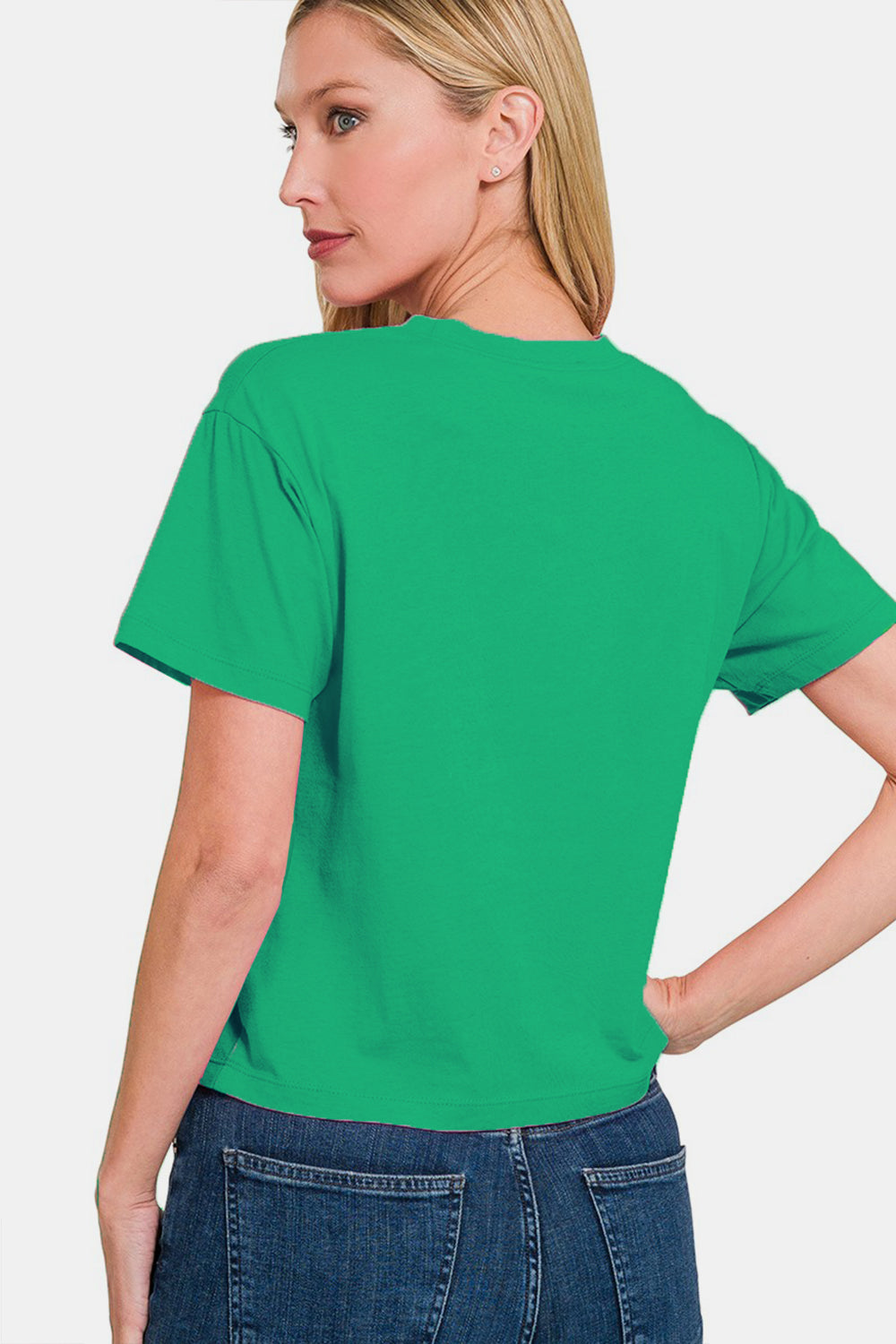 Zenana Round Neck Short Sleeve Cropped T-Shirt - Green