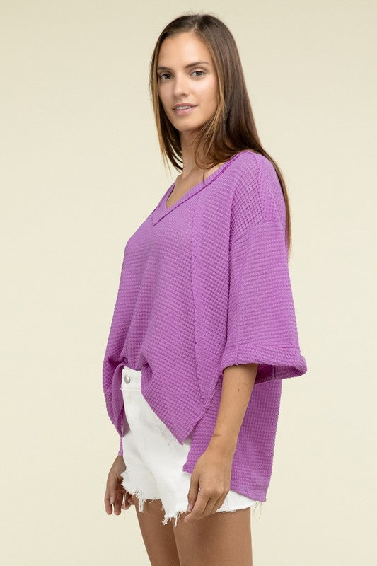 Brushed Waffle Exposed-Seam 3/4 Sleeve Top - Zenana