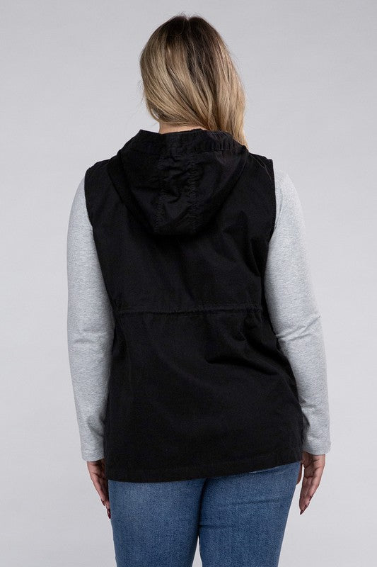 Plus Drawstring Waist Military Hoodie Vest - Zenana