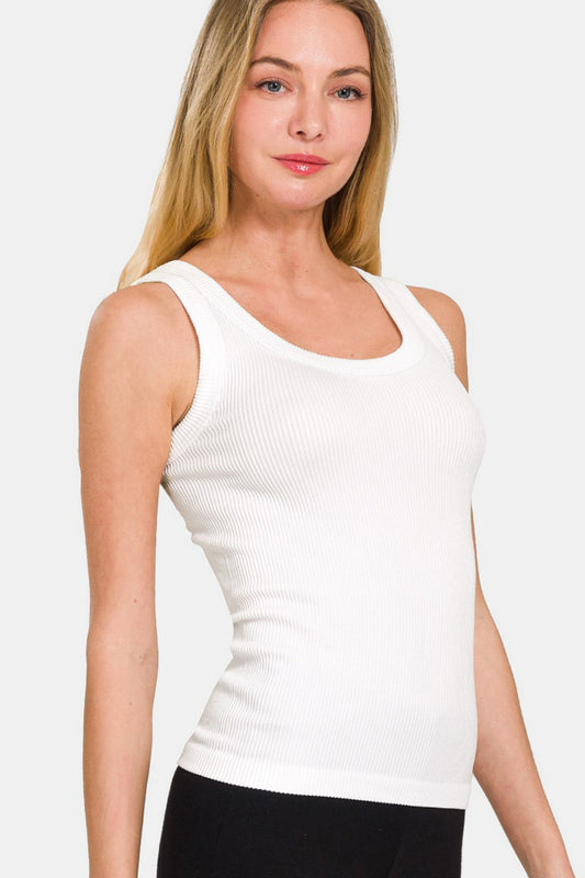 Zenana 2 Way Neckline Washed Ribbed Tank - White