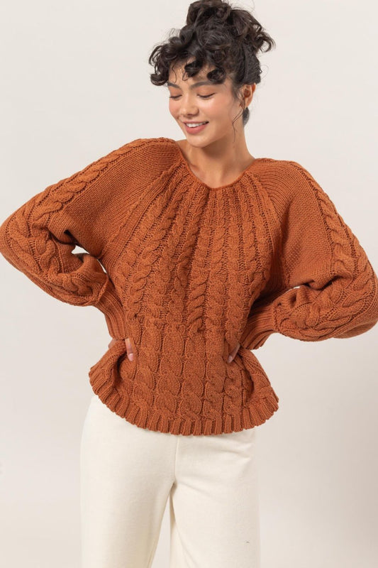 HYFVE Cable-Knit Round Neck Raglan Sleeve Sweater - Rust