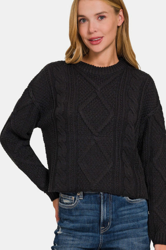 Zenana Cropped High Low Cable Sweater with Side Slits - Black