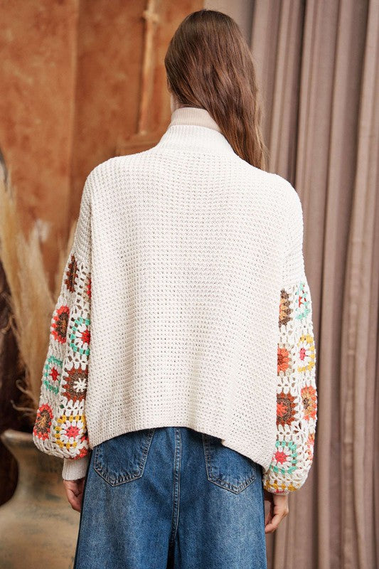 Crochet Floral Printed Long Sleeve Knit Cardigan - Davi and Dani