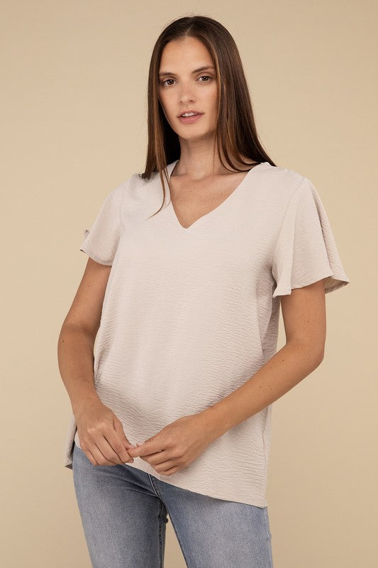 Woven Airflow Flutter Sleeve Top - Zenana