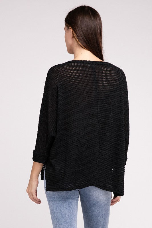 3/4 Sleeve V-Neck Hi-Low Hem Jacquard Sweater - Zenana