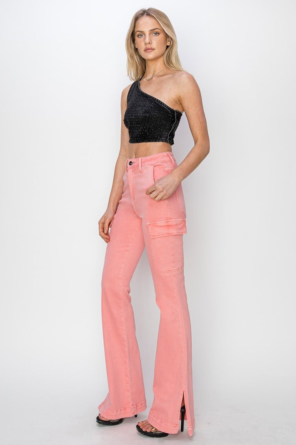 RISEN Full Size High Rise Side Slit Cargo Bootcut Jeans - Flamingo