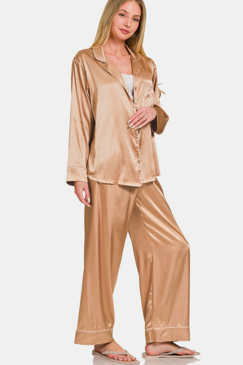 Zenana Satin Long Sleeve Shirt and Pants Pajama Set - Brush