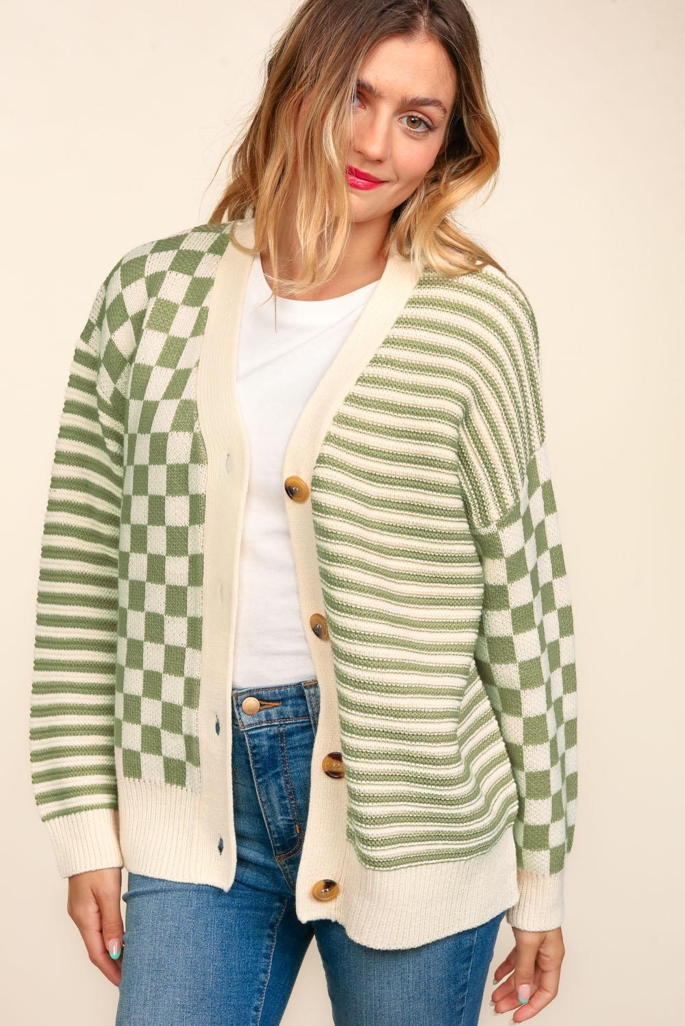 Button Down Checker Stripe Sweater Cardigan - Haptics