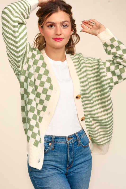 Button Down Checker Stripe Sweater Cardigan - Haptics