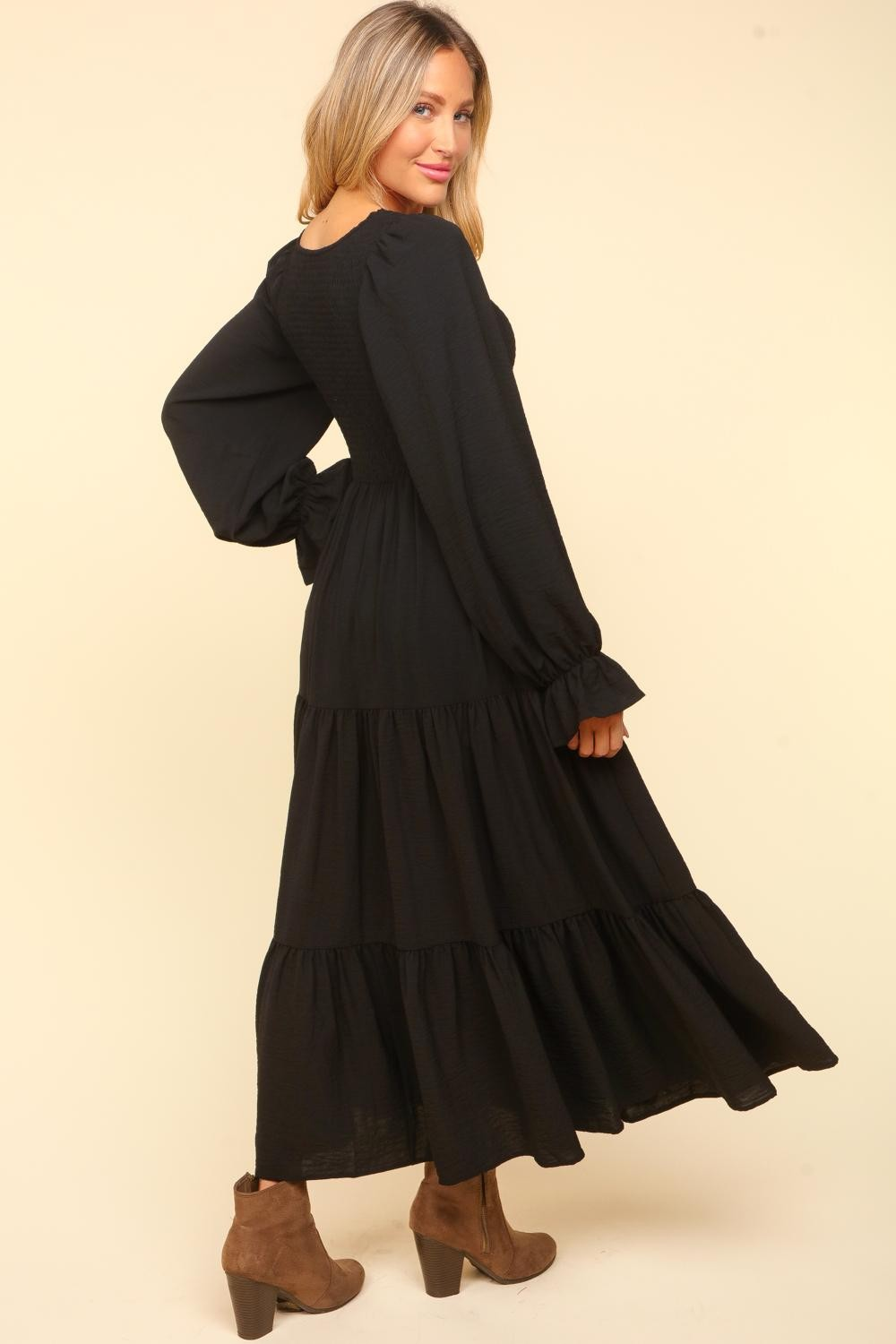 Smocking Maxi Woven Dress with Side Pockets in Black - Haptics