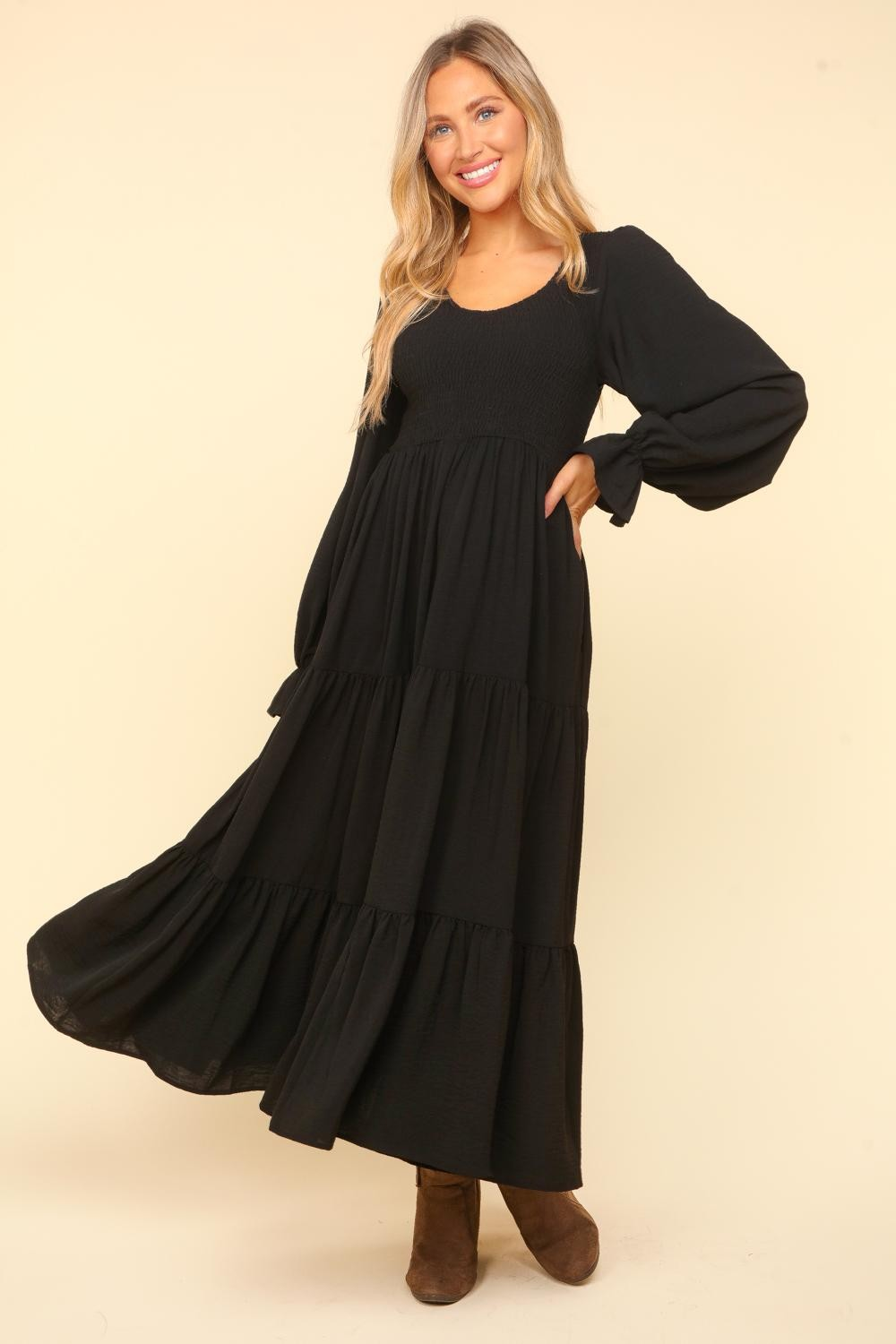 Smocking Maxi Woven Dress with Side Pockets in Black - Haptics