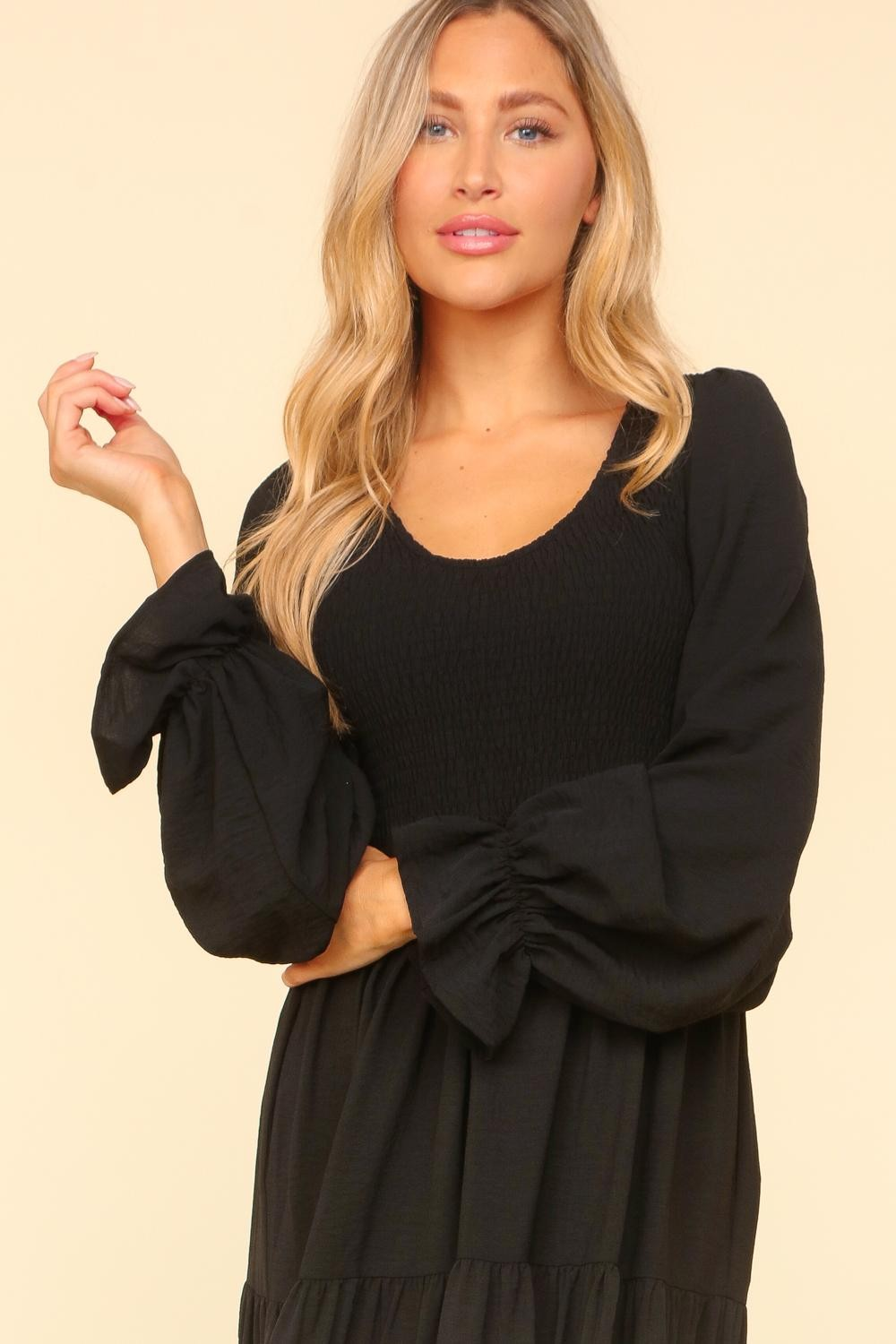 Smocking Maxi Woven Dress with Side Pockets in Black - Haptics